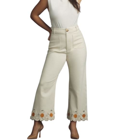 Maeve Denim - Maeve Colette Flower Embroidered denim Twill Wide leg Jeans Off White Size 30